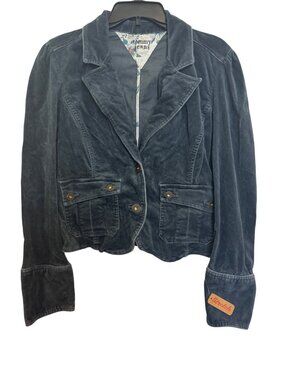 vintage Tommy Jeans Womens Blue Velour Cropped Jacket With Button Details & Flor